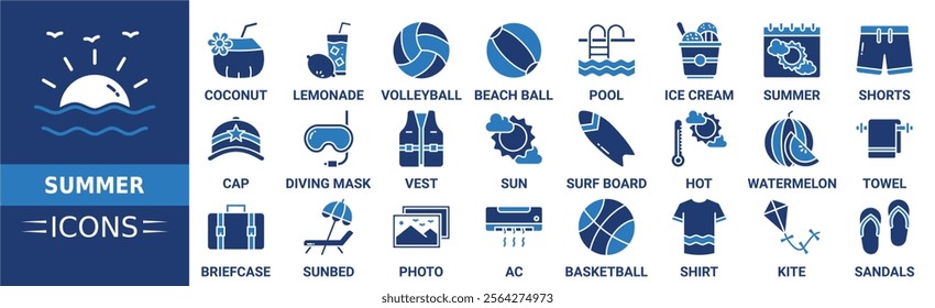 Summer icon collection set. Containing nature, vacation, holiday, beach, sunny and more. Solid vector icons collection