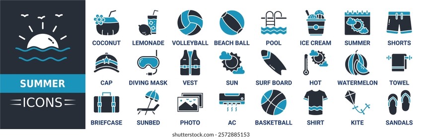 Summer icon collection set. Containing nature, vacation, holiday, beach, sunny and more. Solid vector icons collection