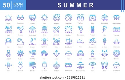 Summer icon collection set. Containing Travel, tourism, sun, beach, ice cream, sunglasses, and vacation activities. Ideal for travel projects, summer events, or holiday promotions.