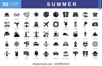 Summer icon collection set. Containing Travel, tourism, sun, beach, ice cream, sunglasses, and vacation activities. Ideal for travel projects, summer events, or holiday promotions.