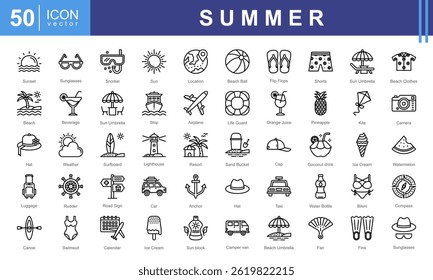 Summer icon collection set. Containing Travel, tourism, sun, beach, ice cream, sunglasses, and vacation activities. Ideal for travel projects, summer events, or holiday promotions.