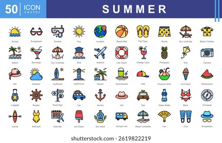 Summer icon collection set. Containing Travel, tourism, sun, beach, ice cream, sunglasses, and vacation activities. Ideal for travel projects, summer events, or holiday promotions.