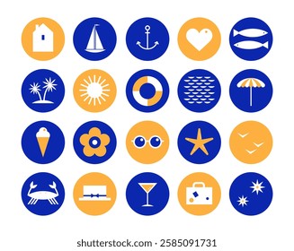 Summer icon collection.
Set of the round summer rest symbols in minimalistic style on the white background