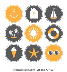 Summer icon collection.
Set of the round summer rest symbols in minimalistic style on the white background

