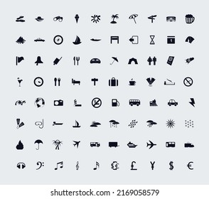 Summer icon collection with tent location travel music currency accommodation. 80 sets of flat summer symbols editable vector graphic illustrations. including slippers hat diving passport
