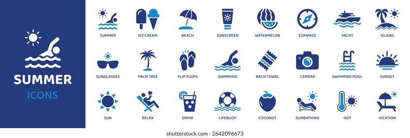 Summer - Icon Collection. Thin Line Set contains such Icons as Summer, Sun, Beach, Vacation, Swim, Sand, Icecream and more. Simple web icons set.