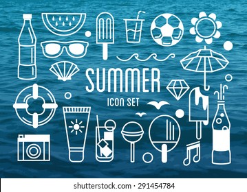 Summer icon collection. Thin line icons with summer lettering. Design elements, symbols, labels, stickers and logo elements. Sea background