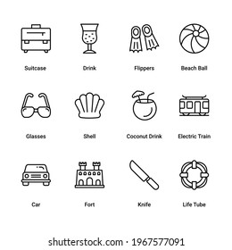 Summer Icon Color Thin Line Set Travel Recreation Holiday Isolated on White Background. Vector illustration.  filled outline pictograms, editable stroke.