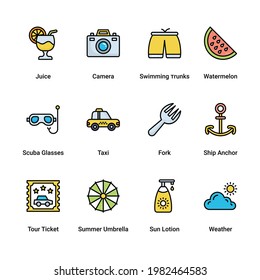 Summer Icon Color Thin Line Set Travel Recreation Holiday Isolated on White Background. Vector illustration.  filled outline pictograms, editable stroke.