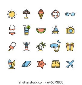 Summer Icon Color Thin Line Set Travel Recreation Holiday Isolated On White Background. Vector Illustration