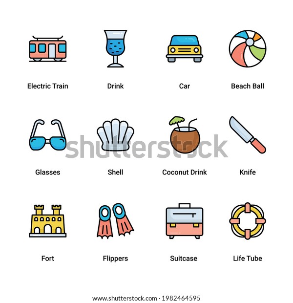 Summer Icon Color Thin Line Set Travel\
Recreation Holiday Isolated on White Background. Vector\
illustration.  filled outline pictograms, editable\
stroke.