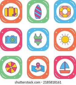 Summer Icon Design Set with cute characters like sun, surfboard, camera, swimsuit, tires isolated on white background. vector summer vacation set illustration.