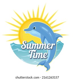 Summer icon, emblem with lettering. Round colorful paper sticker, label, tag for summer holiday, travel, fest, vacation. Vector dolphin at the sea with sun in simple, flat style.