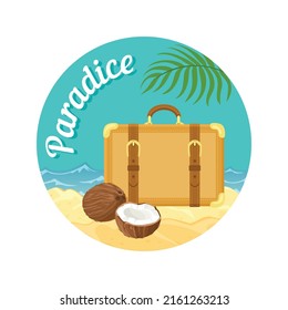 Summer icon, emblem with lettering. Round colorful paper sticker, label, tag for summer holiday, travel, fest, vacation. Vector suitcase on the beach with coconut and palm leaf in simple style