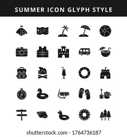 Summer Icon Glyph Style. Vacation and Holiday in Beach Icon Flat Solid Black Style Collection