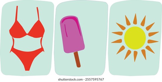 summer icon, ice cream,sun,swimsuit and beach
