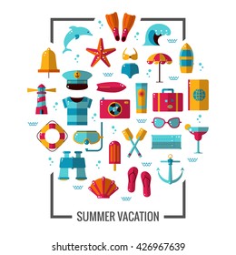 Summer icon illustration poster. Colorful sea vacation concept. Vector flat design pictogram set for flyers, banners or brochure.