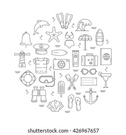 Summer icon illustration poster. Colorful vacation concept made in line style. Vector design pictogram set for flyers, banners or brochure.