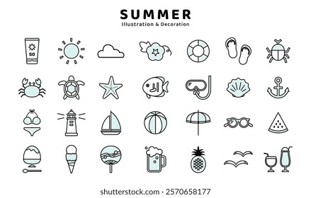 Summer icon material set Morning glory Snorkel Lighthouse Beer Beetle Anchor Yacht Swimsuit Vector