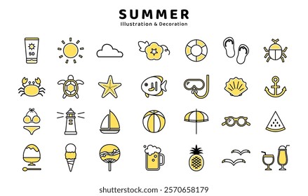 Summer icon material set Morning glory Snorkel Lighthouse Beer Beetle Anchor Yacht Swimsuit Vector