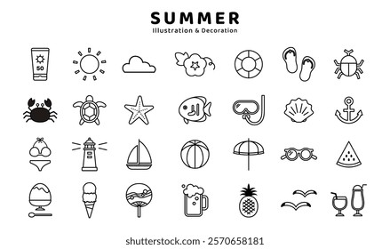 Summer icon material set Morning glory Snorkel Lighthouse Beer Beetle Anchor Yacht Swimsuit Vector