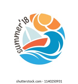 Summer icon with sailing boat, sun and waves.
