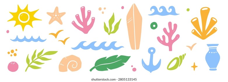 Summer icon sea abstract set. Hand drawn summer icon sea wave beach palm logo mediterranean pattern. Tropical shell ocean vacation island boho minimalist vintage background. Vector illustration