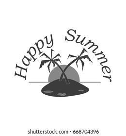 Summer icon with a sea of sun and palm trees in gray. With the inscription happy summer. Isolated on white background