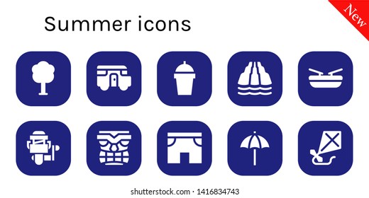 summer icon set. 10 filled summer icons.  Collection Of - Tree, Caravan, Drink, Slide, Boat, Fishing reel, Tiki, Shorts, Beach umbrella, Kite