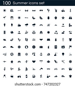 Summer icon set with 100 vector pictograms. Simple filled beach isolated on a white background. Good for apps and web sites. 