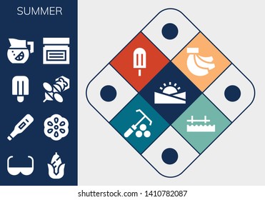 summer icon set. 13 filled summer icons.  Collection Of - Sunset, Sun glasses, Corn, Thermometer, Berry, Popsicle, Bee, Lemonade, Cream, Bananas, Rake, Pier
