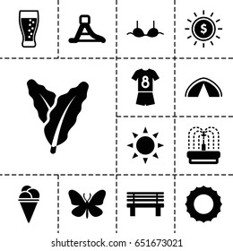 Summer icon. set of 13 filled summericons such as sun, spinach, butterfly, bra, ice cream, bench, fountain, waterslide, soda, football uniform, tent
