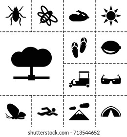 Summer icon. set of 13 filled summer icons such as beetle, butterfly, flip flops, fast food cart, bee, lemon, jet ski, sunglasses, sun, tent, mountain, cloud