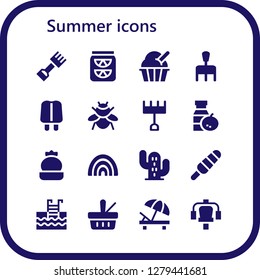  summer icon set. 16 filled summer icons. Simple modern icons about  - Rake, Lemonade, Ice cream, Popsicle, Bumblebee, Juice, Cactus, Rainbow, Swimming pool, Picnic, Sunbed, Gym station