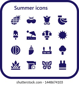 summer icon set. 16 filled summer icons.  Collection Of - Pineapple, Sunglasses, Flower, Bananas, Ice cream, Beach umbrella, Gym station, Sun, Watermelon, Shell, Lake, Tree, Grass