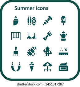 summer icon set. 16 filled summer icons.  Simple modern icons about  - Shell, Surf, Bpee, Ice cream, Swings, Brassiere, Rake, Cactus, Golf, Sea, Hammock, Terrace, Cream