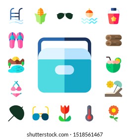 summer icon set. 17 flat summer icons.  Simple modern icons about  - swimming pool, sandals, lake, portable fridge, bikini, woods, coconut drink, sunbed, sun umbrella, corn, sunglasses