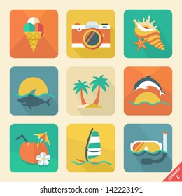 Summer icon set 2. Flat design trend. Retro color. Vector illustration.