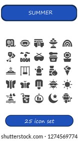  summer icon set. 25 filled summer icons. Simple modern icons about  - Caravan, Diving mask, Ice cream, Rainbow, Paddles, Prairie, Sunglasses, Sunflower, Mountain, Swing, Cactus