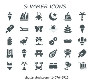 summer icon set. 30 filled summer icons.  Collection Of - Ice cream, Canyon, Beetle, Night, Creme caramel, Palm tree, Popsicle, Beach, Butterfly, Sunset, Fern, Slide, Flamingo