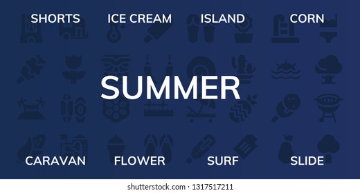 summer icon set. 32 filled summer icons. on blue background style Simple modern icons about  - Shorts, Ice cream, Island, Corn, Caravan, Flower, Surf, Slide, Temperature, Tiki