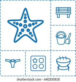 Summer icon. set of 6 summer outline icons such as from toy for beach, bench, panties with heart, starfish, bucket and shovel