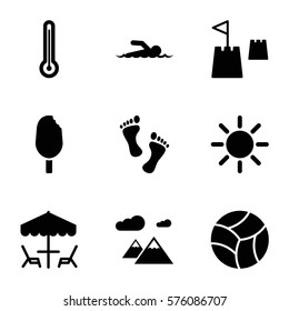Summer icon. Set of 9 Summer filled icons such as sun, thermometer, table under umbrella, ice cream, swimmer, mountain, foot, beach ball