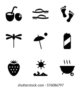 Summer icon. Set of 9 Summer filled icons such as drink coconut, umbrella, strawberry, man laying in sun, foot, flip flops, dragonfly, barbeque