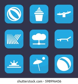 summer icon. Set of 9 filled summer icons such as field, ball, swing, ice cream in can, sun rise, sunbed, umbrella, beach ball