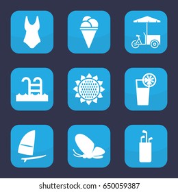 Summer icon. set of 9 filled summer icons such as sunflower, butterfly, ice cream, fast food cart, cocktail, swimming pool, windsurfing, golf putter