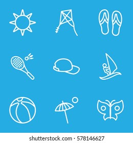 Summer icon. Set of 9 Summer outline icons such as hotel, umbrella, flip flops, baseball cap, beach ball, butterfly, badminton, surfing