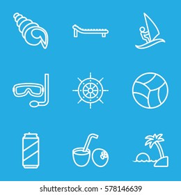 Summer icon. Set of 9 Summer outline icons such as drink coconut, sunbed, island, beach ball, aqualung, helm, shell, surfing