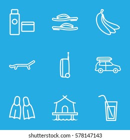 Summer icon. Set of 9 Summer outline icons such as cocktail, sun, banana, flippers, cream tube, tent, flip flops, suitcase