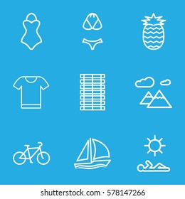 Summer icon. Set of 9 Summer outline icons such as pineapple, man laying in sun, jalousie, mountain, swimsuit, t-shirt, sailboat